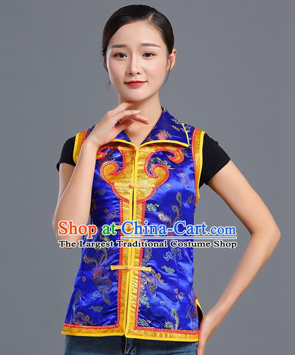 Traditional Chinese Mongol Ethnic Royalblue Brocade Vest Minority Garment Costume Mongolian Nationality Informal Waistcoat Apparels for Woman