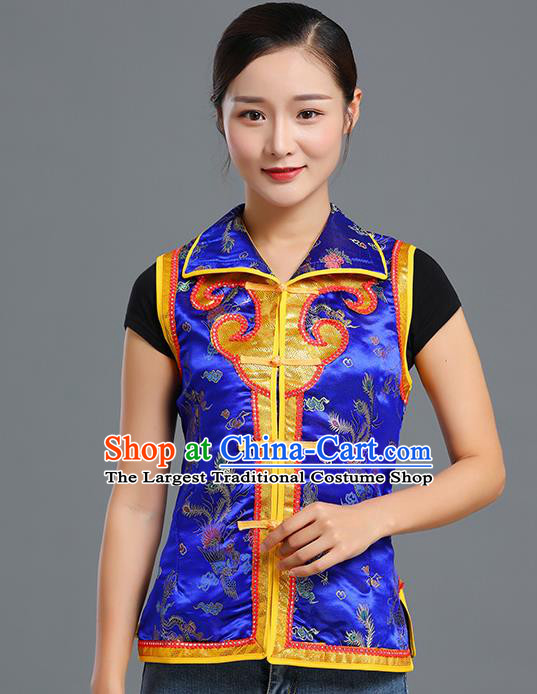 Traditional Chinese Mongol Ethnic Royalblue Brocade Vest Minority Garment Costume Mongolian Nationality Informal Waistcoat Apparels for Woman