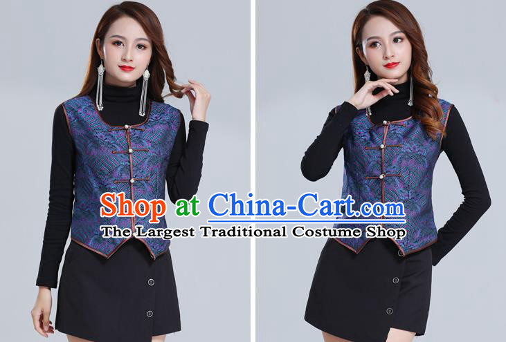 Traditional Chinese Tang Suit Navy Brocade Vest Mongol Ethnic Minority Garment Mongolian Nationality Waistcoat Apparels Costume for Woman