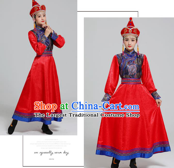Traditional Chinese Ethnic Folk Dance Costume Mongol Minority Red Dress Garment Mongolian Nationality Women Apparels