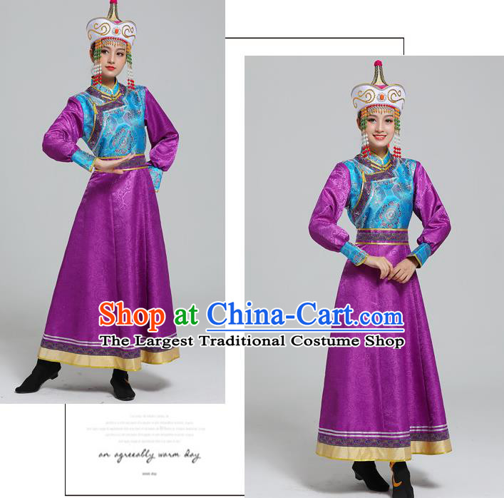 Traditional Chinese Ethnic Folk Dance Costume Mongol Minority Purple Dress Garment Mongolian Nationality Women Apparels