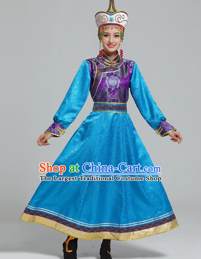 Traditional Chinese Ethnic Folk Dance Costume Mongol Minority Blue Dress Garment Mongolian Nationality Women Apparels