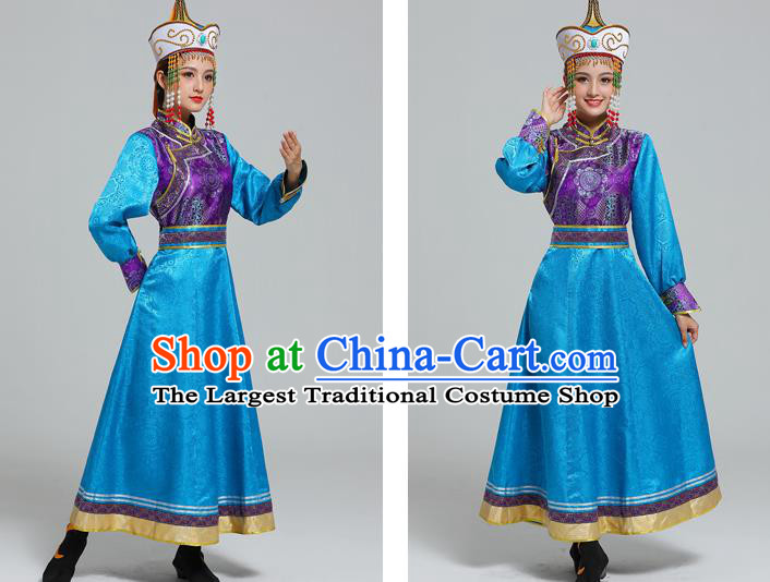 Traditional Chinese Ethnic Folk Dance Costume Mongol Minority Blue Dress Garment Mongolian Nationality Women Apparels