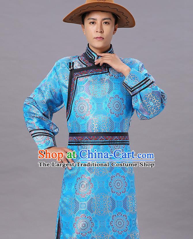 Chinese Traditional Ethnic Dance Garment Mongol Minority Costume Blue Brocade Mongolian Robe for Men