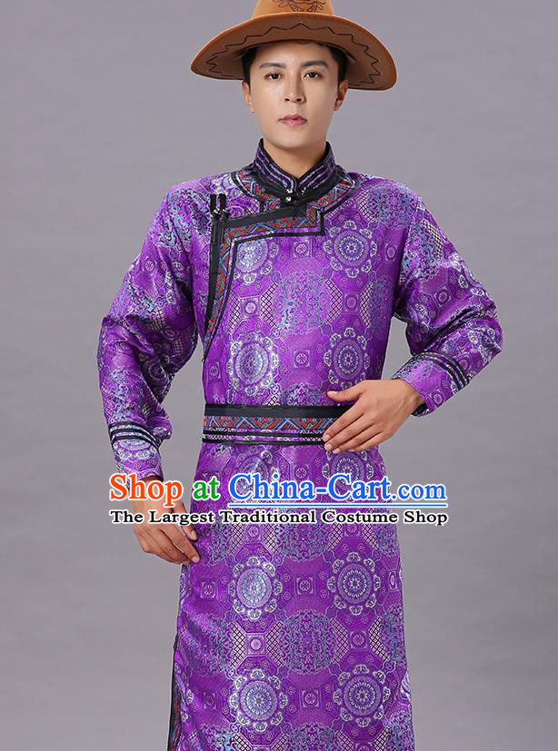 Chinese Traditional Ethnic Dance Garment Mongol Minority Costume Purple Brocade Mongolian Robe for Men