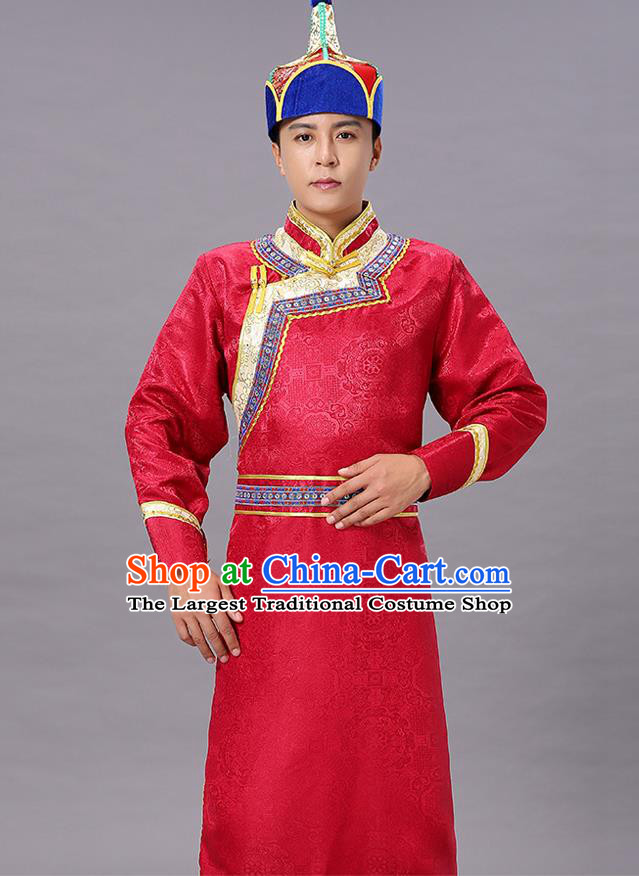Chinese Traditional Ethnic Red Brocade Mongolian Robe Dance Garment Mongol Minority Costume for Men