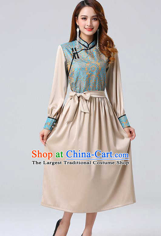 Traditional Chinese Mongol Minority Ethnic Costume Garment Mongolian Nationality Women Champagne Dress Apparels