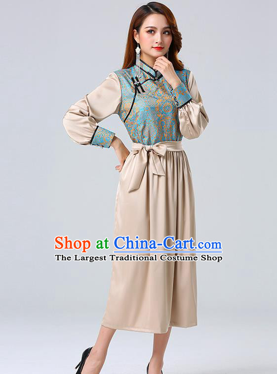Traditional Chinese Mongol Minority Ethnic Costume Garment Mongolian Nationality Women Champagne Dress Apparels