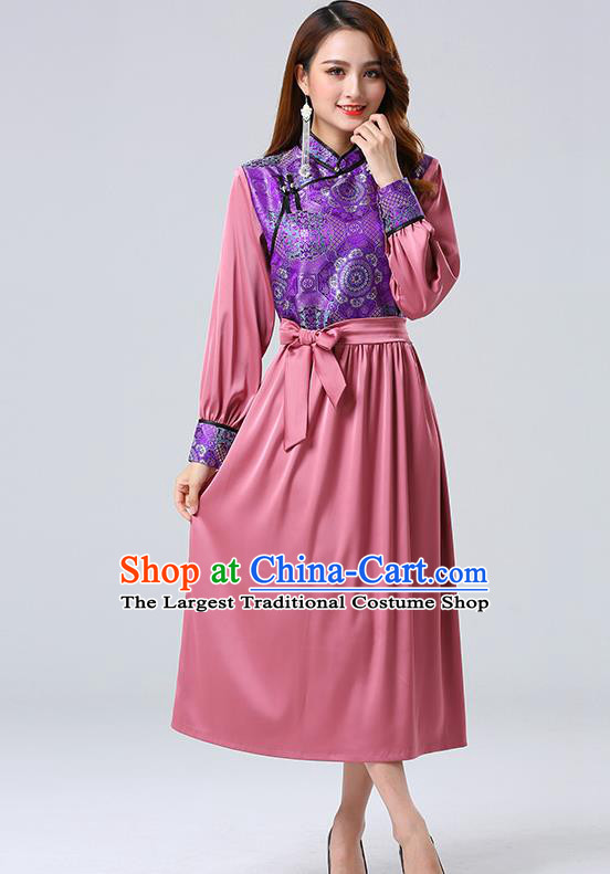 Traditional Chinese Mongol Minority Ethnic Costume Garment Mongolian Nationality Women Pink Dress Apparels