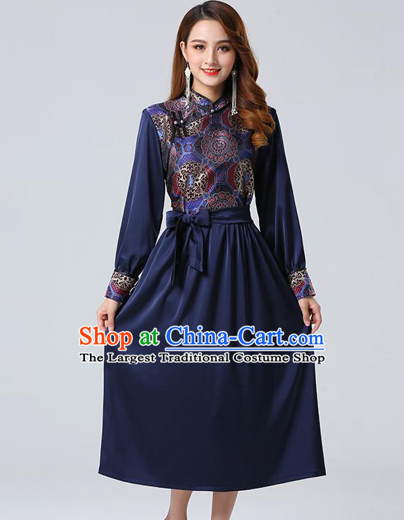 Traditional Chinese Mongol Minority Ethnic Costume Garment Mongolian Nationality Women Navy Dress Apparels