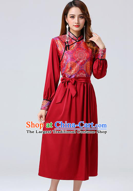 Traditional Chinese Mongol Minority Ethnic Costume Garment Mongolian Nationality Women Red Dress Apparels