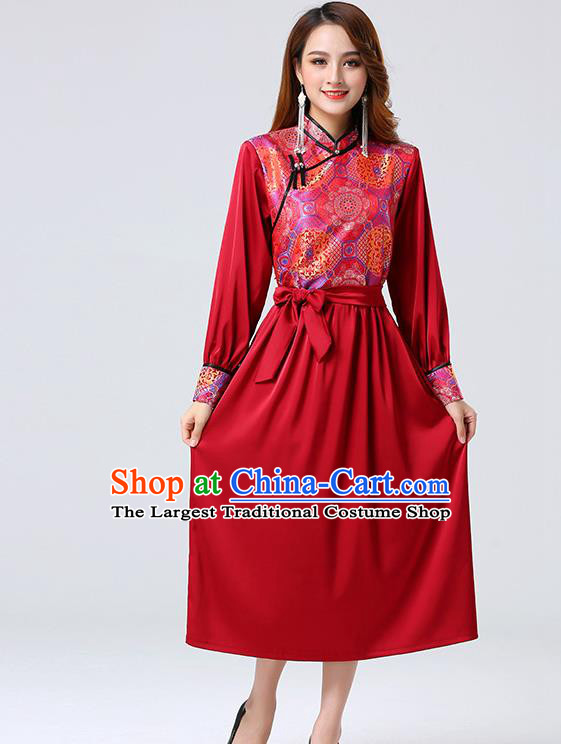 Traditional Chinese Mongol Minority Ethnic Costume Garment Mongolian Nationality Women Red Dress Apparels