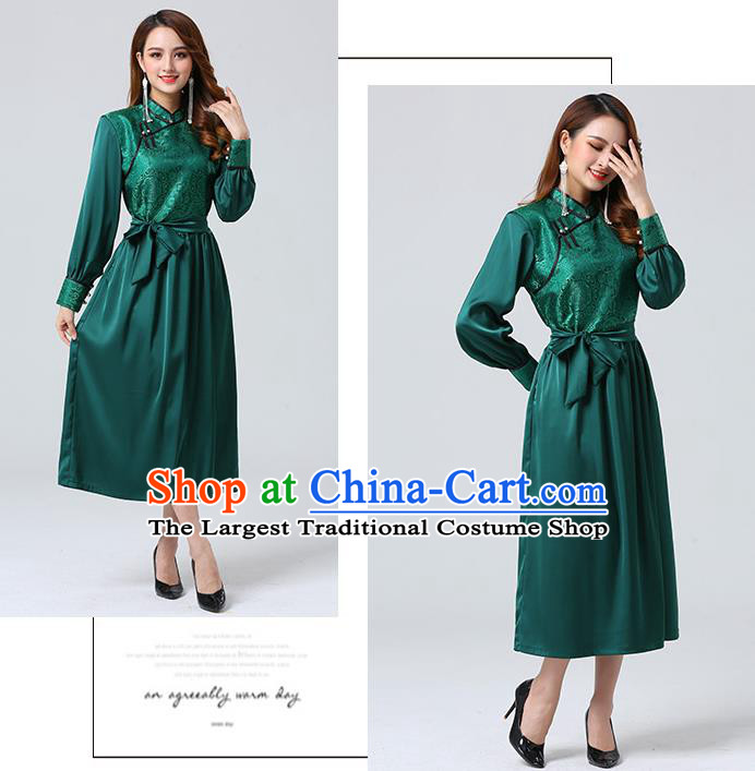 Traditional Chinese Mongol Minority Ethnic Costume Garment Mongolian Nationality Women Deep Green Dress Apparels