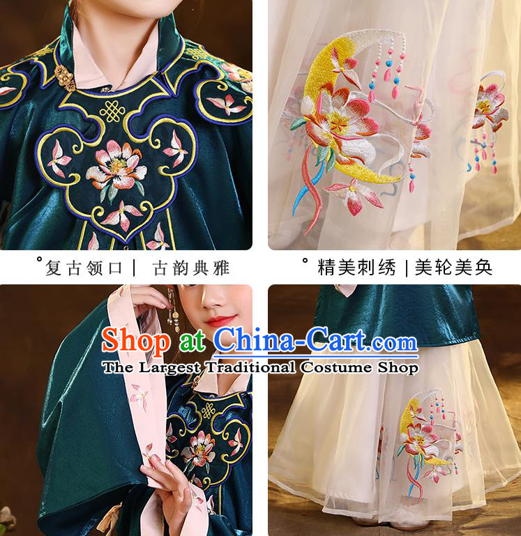 Chinese Traditional Tang Suit Green Blouse and Beige Skirt Ancient Girl Hanfu Costumes for Kids