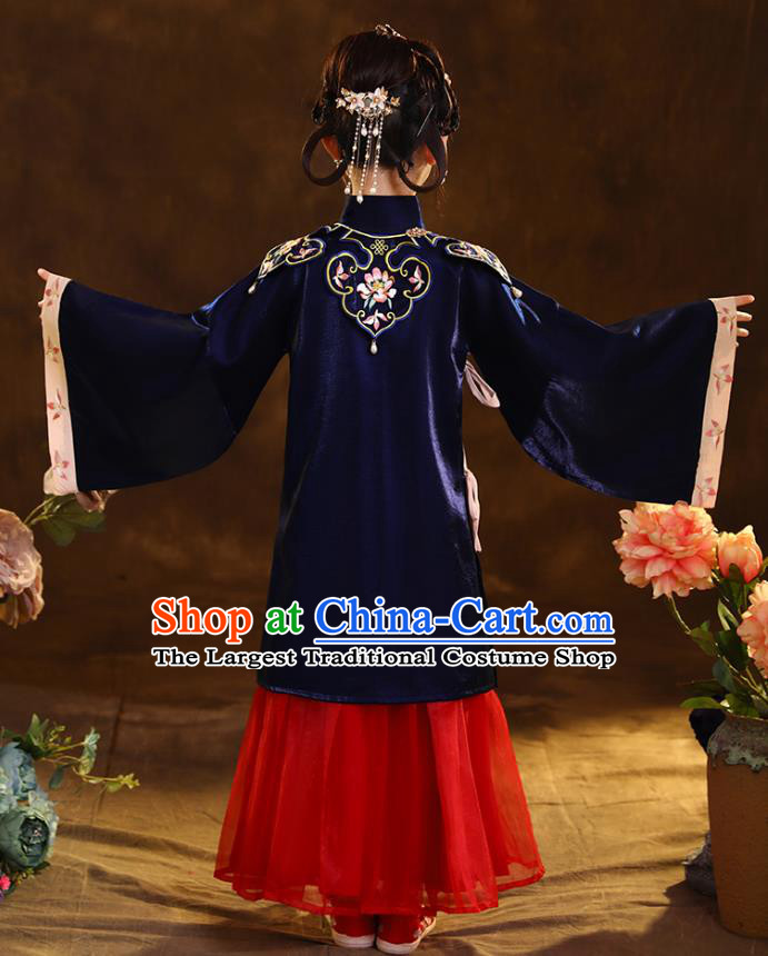 Chinese Traditional Tang Suit Deep Blue Blouse and Red Skirt Ancient Girl Hanfu Costumes for Kids