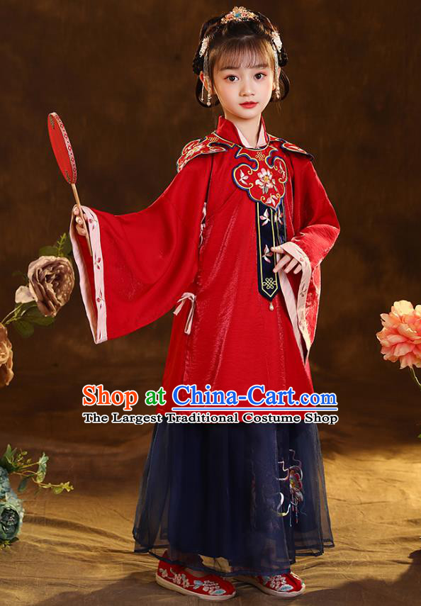 Chinese Traditional Tang Suit Red Blouse and Navy Skirt Ancient Girl Hanfu Costumes for Kids