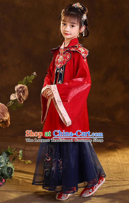 Chinese Traditional Tang Suit Red Blouse and Navy Skirt Ancient Girl Hanfu Costumes for Kids