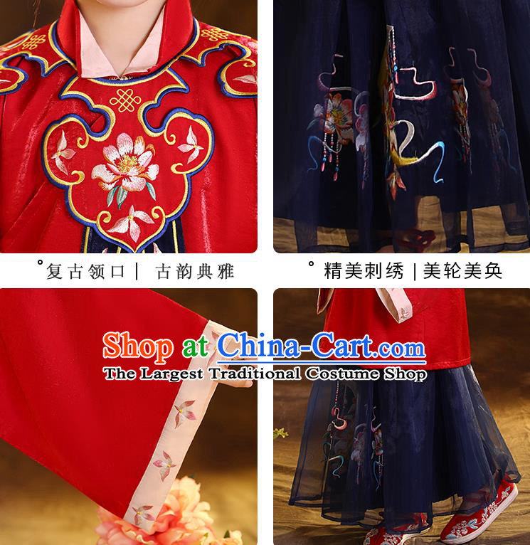 Chinese Traditional Tang Suit Red Blouse and Navy Skirt Ancient Girl Hanfu Costumes for Kids