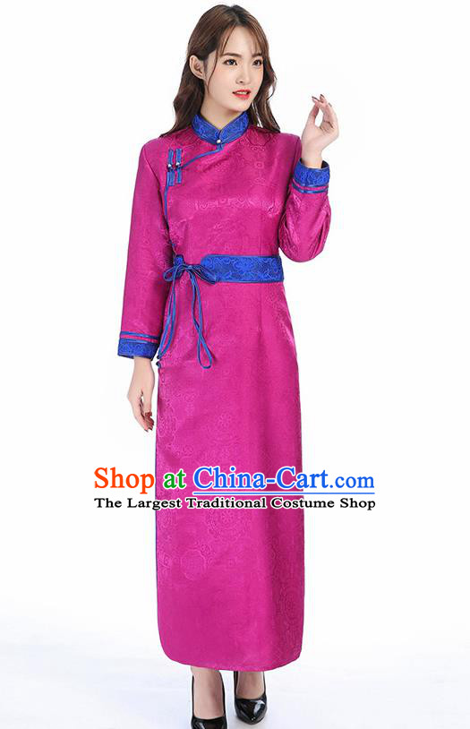 Traditional Chinese Mongol Minority Rosy Brocade Mongolian Robe Apparels Ethnic Costume Mongolian Nationality Women Garment Dress