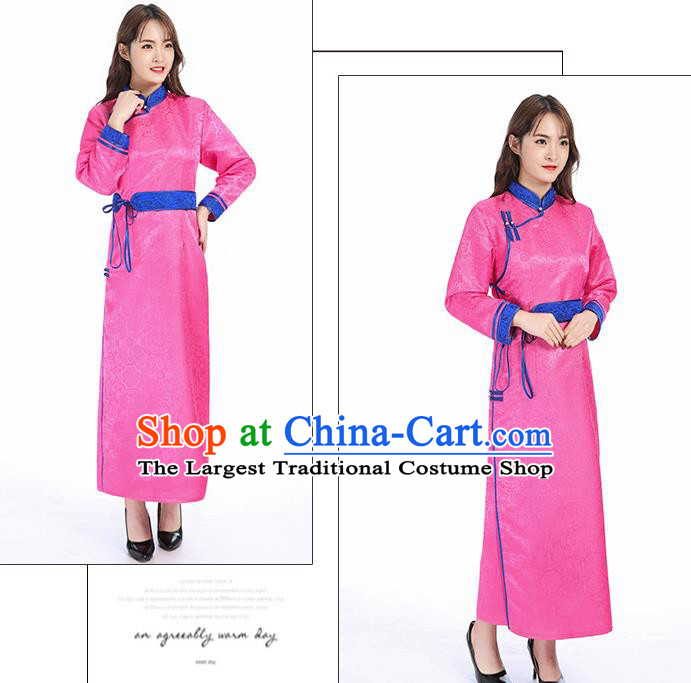 Traditional Chinese Mongol Minority Pink Brocade Mongolian Robe Apparels Ethnic Costume Mongolian Nationality Women Garment Dress
