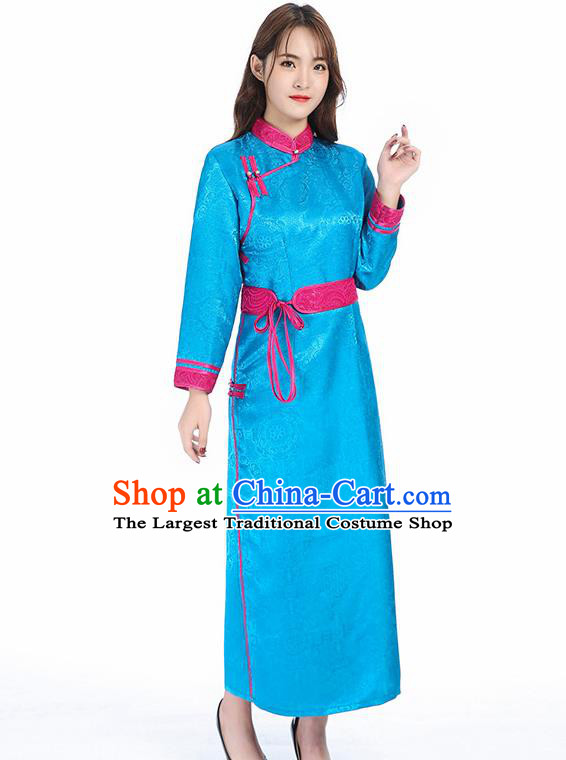 Traditional Chinese Mongol Minority Blue Brocade Mongolian Robe Apparels Ethnic Costume Mongolian Nationality Women Garment Dress