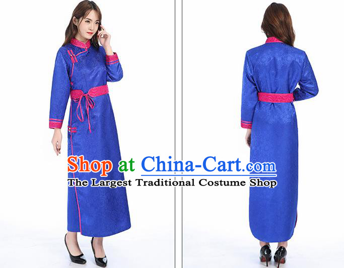 Traditional Chinese Mongol Minority Royalblue Brocade Mongolian Robe Apparels Ethnic Costume Mongolian Nationality Women Garment Dress