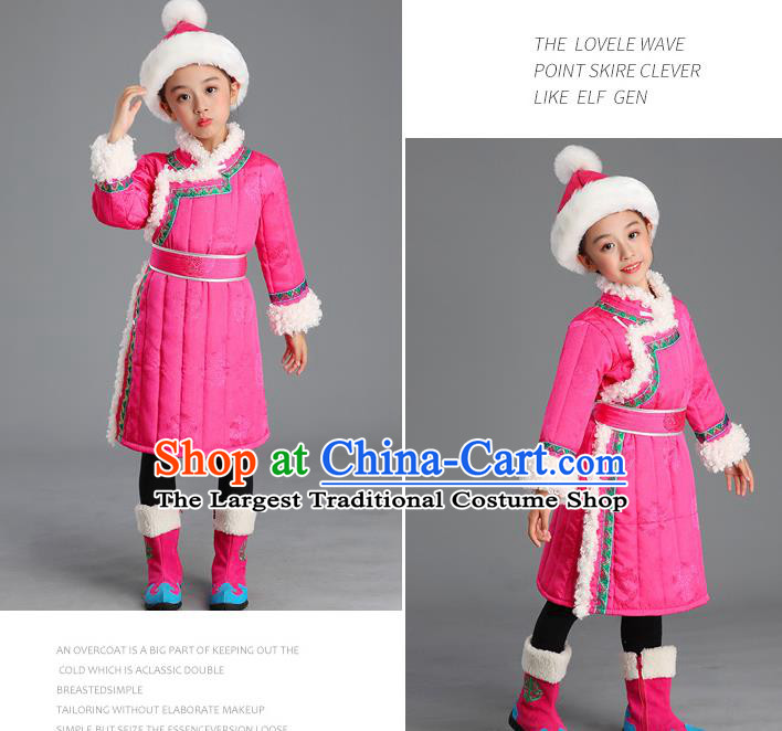 Traditional Chinese Mongol Minority Kids Pink Mongolian Robe Winter Apparels Ethnic Costume Mongolian Nationality Children Garment