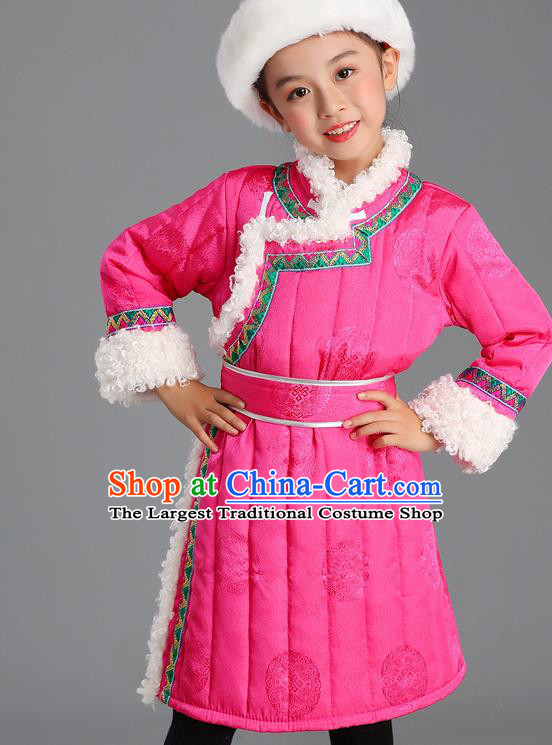 Traditional Chinese Mongol Minority Kids Pink Mongolian Robe Winter Apparels Ethnic Costume Mongolian Nationality Children Garment
