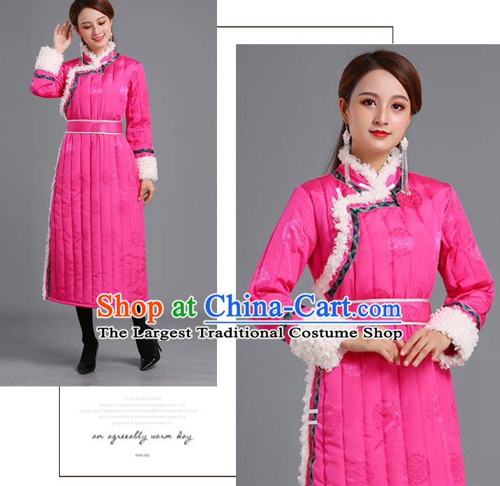 Traditional Chinese Mongol Minority Women Pink Mongolian Robe Apparels Ethnic Costume Mongolian Nationality Winter Garment