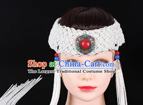 Traditional Chinese Mongol Minority Women Hair Accessories Mongolian Ethnic Dance White Beads Tassel Hair Clasp