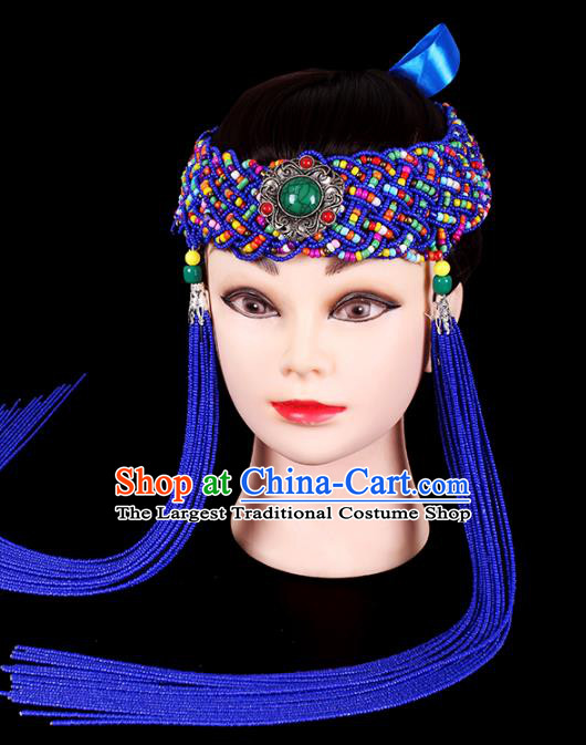 Traditional Chinese Mongol Minority Women Hair Accessories Mongolian Ethnic Dance Royalblue Beads Tassel Hair Clasp