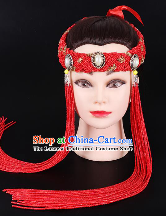 Traditional Chinese Mongol Minority Red Beads Tassel Hair Accessories Mongolian Ethnic Women Dance Hair Clasp