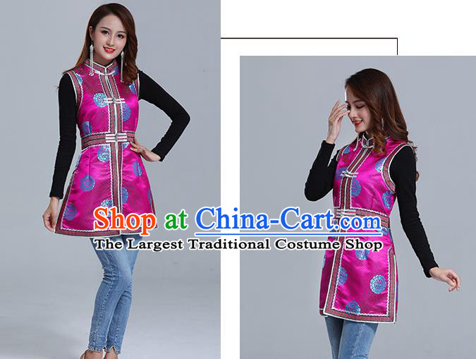 Traditional Chinese Ethnic Women Rosy Brocade Vest Apparels Mongol Minority Garment Nationality Folk Dance Costume