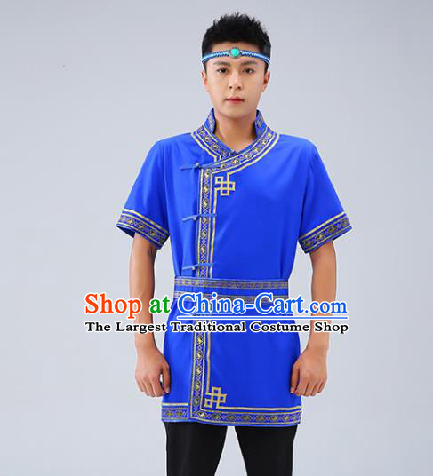 Chinese Traditional Ethnic Royalblue Short Sleeve Shirt Mongolian Dance Upper Outer Garment Mongol Minority Men Costume