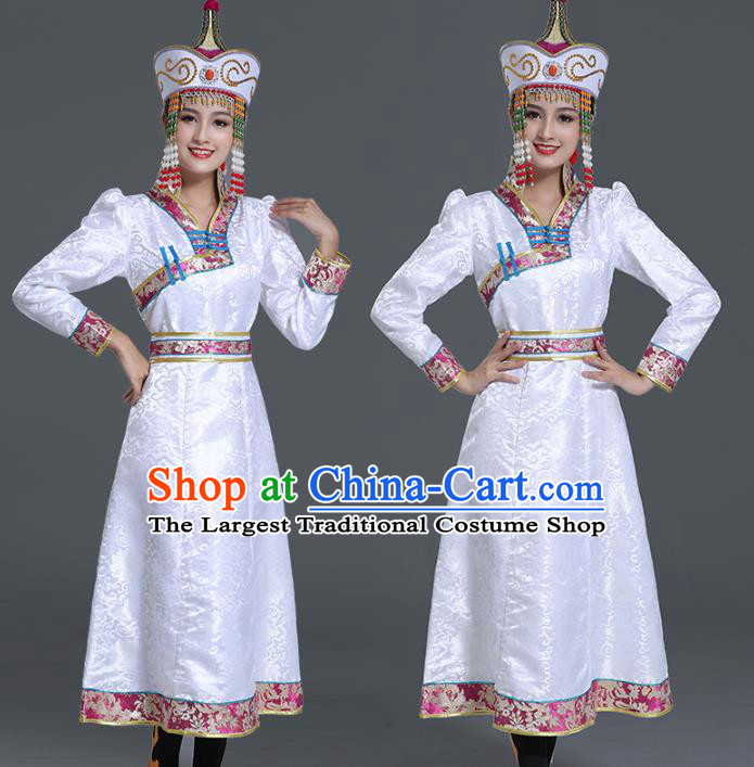 Traditional Chinese Ethnic Women White Brocade Mongolian Robe Dance Apparels Mongol Minority Dress Garment Nationality Costume