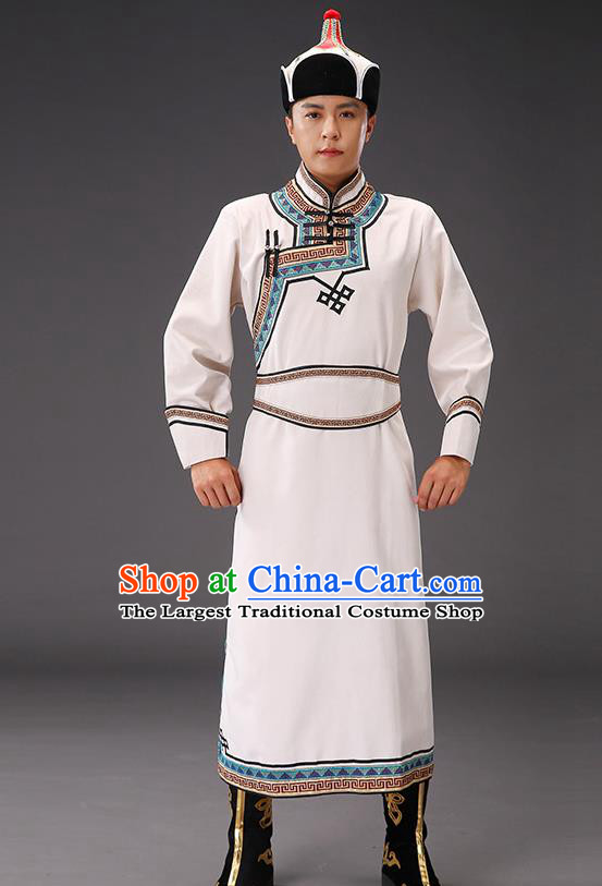 Chinese Traditional Beige Suede Fabric Mongolian Robe Costume Mongol Minority Ethnic Men Stage Performance Garment