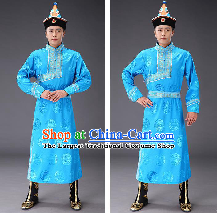 Chinese Traditional Mongol Minority Men Blue Mongolian Robe Costume Ethnic Stage Performance Garment