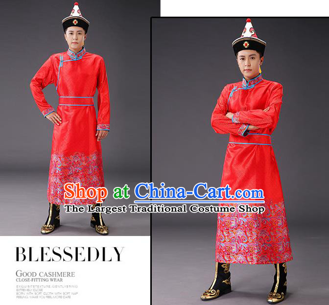 Chinese Traditional Mongol Minority Men Costume Ethnic Stage Performance Garment Red Brocade Mongolian Robe