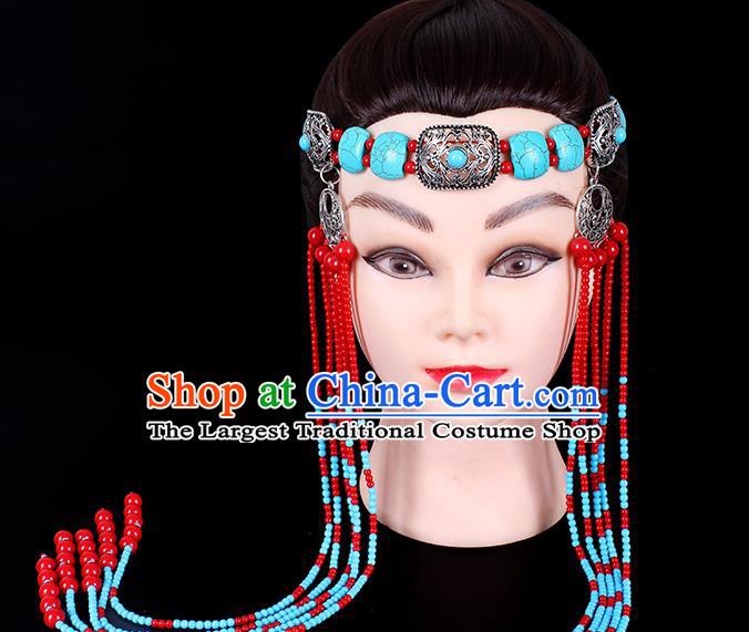 Traditional Chinese Mongol Minority Women Beads Long Tassel Headband Mongolian Hair Accessories Ethnic Dance Hair Clasp