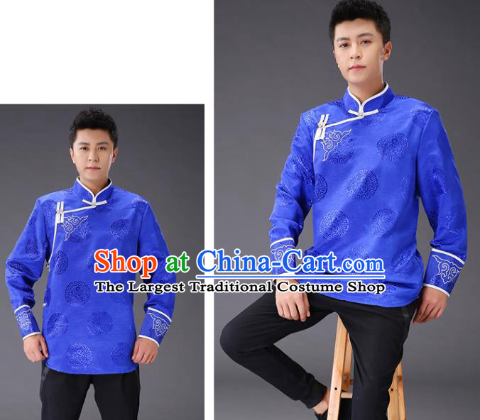 Chinese Traditional Mongol Minority Costume Ethnic Men Shirt Garment Mongolian Royalblue Jacket