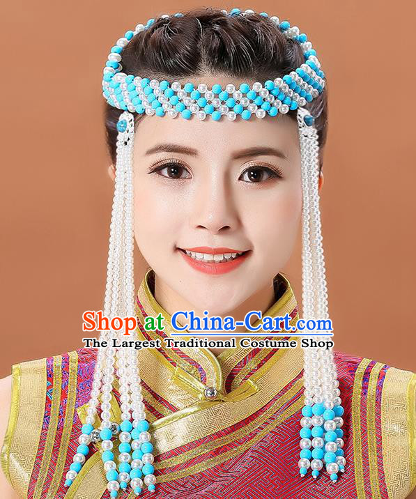 Traditional Chinese Mongol Minority Beads Headband Mongolian Hair Accessories Ethnic Dance Long Tassel Hair Clasp for Women
