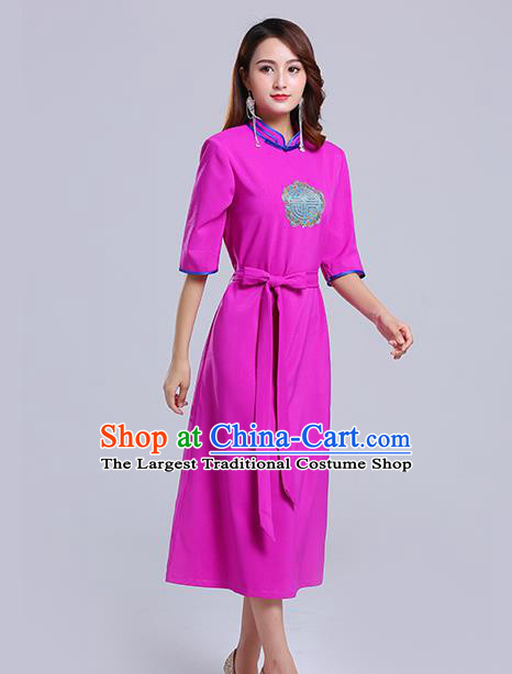 Traditional Chinese Ethnic Women Rosy Informal Dress Mongol Minority Garment Mongolian Nationality Apparels Costume