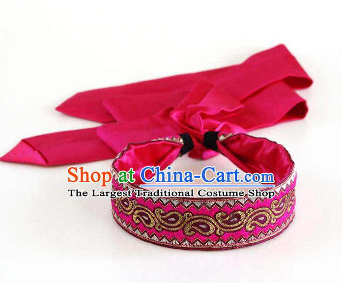 Traditional Chinese Ethnic Rosy Silk Ribbon Hair Clasp Mongol Minority Headband Mongolian Dance Hair Accessories