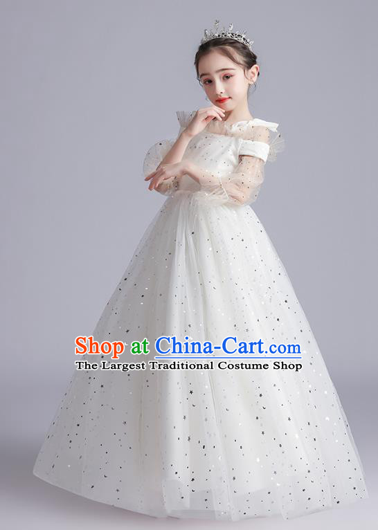 Top Grade Girls Stage Show White Dress Children Birthday Costume Baby Compere Full Dress