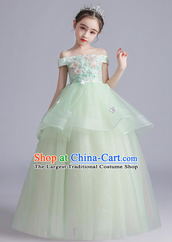 Top Grade Girls Stage Show Green Dress Children Birthday Costume Baby Compere Off Shoulder Full Dress