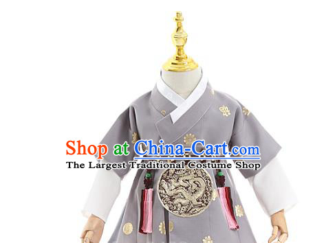 Asian Korea Traditional Embroidered Grey Shirt and Pants Children Birthday Fashion Korean Apparels Boys Hanbok Costumes for Kids