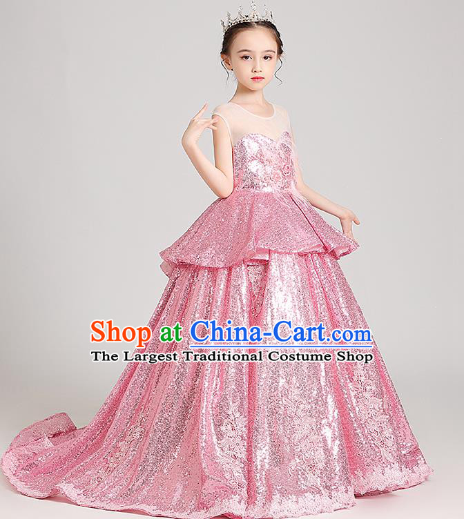 Top Grade Stage Show Baby Princess Pink Paillette Dress Children Girls Birthday Costume Compere Trailing Full Dress