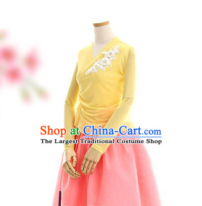 Korean Traditional Yellow Veil Blouse and Pink Skirt Korea Fashion National Dance Costumes Hanbok Apparels