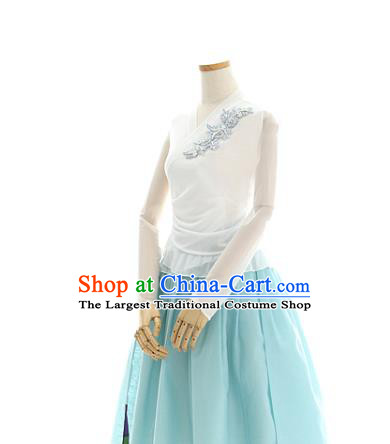 Korean Woman Traditional White Veil Blouse and Light Blue Skirt Korea Dance Fashion National Costumes Hanbok Apparels