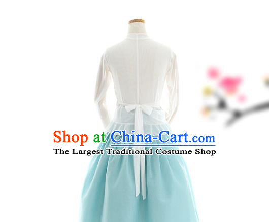 Korean Woman Traditional White Veil Blouse and Light Blue Skirt Korea Dance Fashion National Costumes Hanbok Apparels